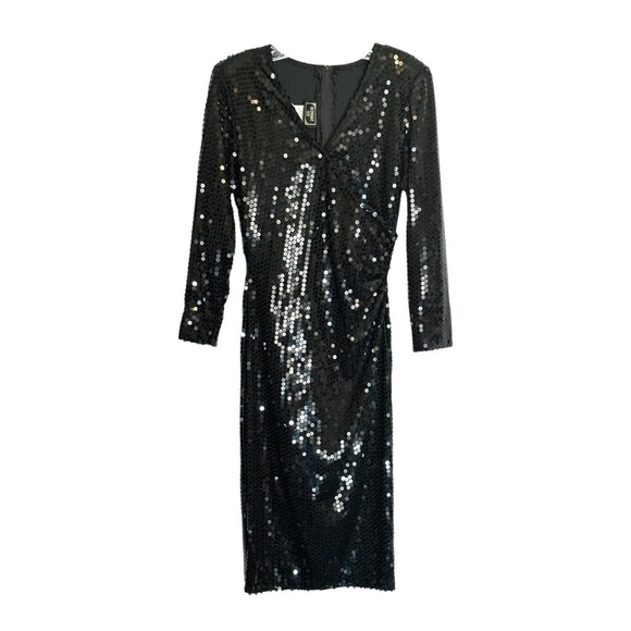 Vintage 80s Midnight Glo Fully Sequined Black Faux Wrap Dress Size 6 - Picture 1 of 11